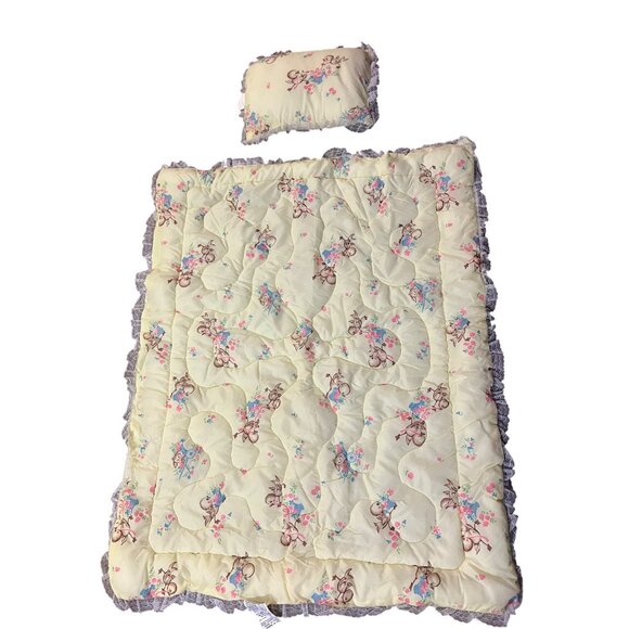 Vintage JCPenney Crib Quilt & Pillow Set Lace Edge Floral Baby Blanket Nursery - Picture 2 of 16